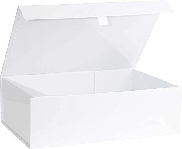 wholesale white hard gift box with magnetic closure lid 14" x 9" x 4" rectangle favor boxes with white glossy finish free samples
