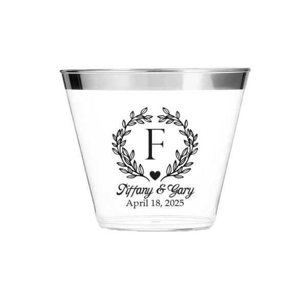 custom logo monogram 9oz rimmed clear plastic cups for wedding,  gold & silver anniversary, engagement party or any dinner party favors. simple and luxurious with the ease of disposable, bpa- free samples