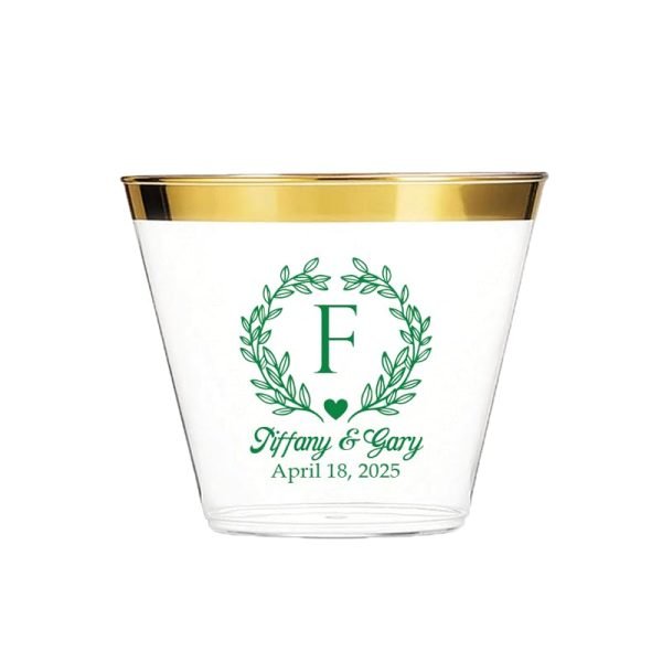 custom logo monogram 9oz rimmed clear plastic cups for wedding,  gold & silver anniversary, engagement party or any dinner party favors. simple and luxurious with the ease of disposable, bpa- free samples