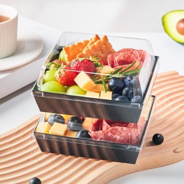 custom logo paper charcuterie boxes with clear lids, square disposable food containers bakery boxes for swiss roll, sandwich, strawberries, slice cake, cookies (black) free samples