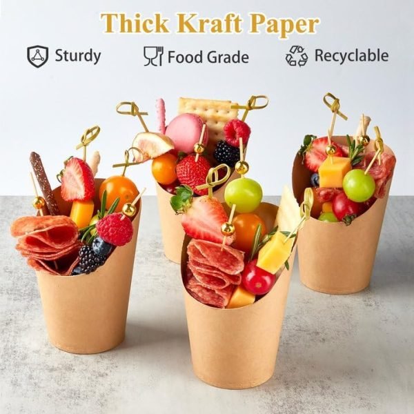 custom logo 14 oz charcuterie cups with sticks, individual kraft paper charcuterie boxes disposable snack serving cups for fruits appetizers (50 cups + 200 cocktail picks + 50 bags + 50 ties) free samples