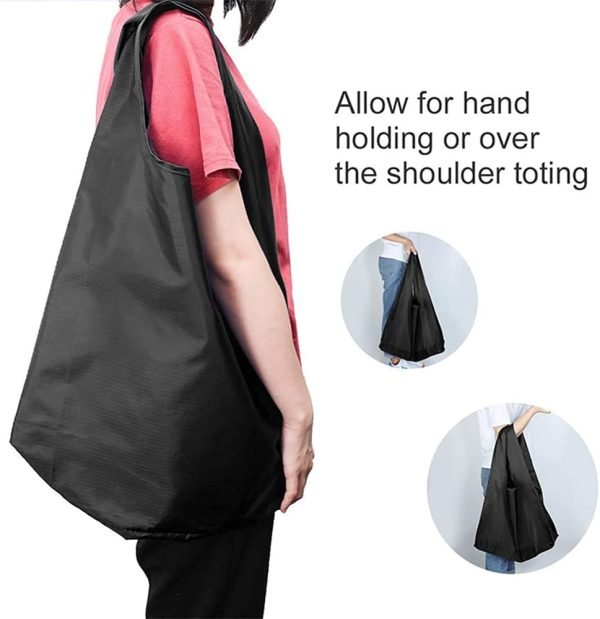 wholesale black washable foldable reusable shopping bags, eco-friendly purse bag fits in pocket holds free samples