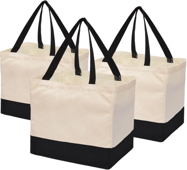 wholesale 8.3 gal foldable large canvas tote bag with handles, 14.6" x 10.2" x 13" holds 60 lbs canvas shopping bags & washable  off white black free samples