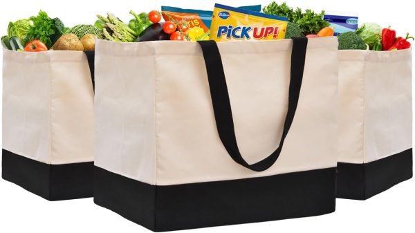 wholesale 8.3 gal foldable large canvas tote bag with handles, 14.6" x 10.2" x 13" holds 60 lbs canvas shopping bags & washable  off white black free samples