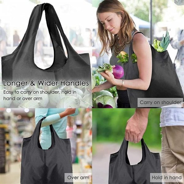 wholesale black washable foldable reusable shopping bags, eco-friendly purse bag fits in pocket holds free samples