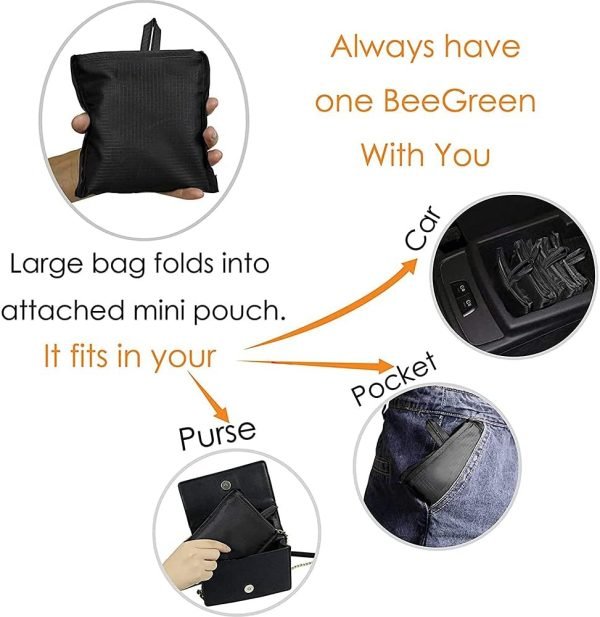 wholesale black washable foldable reusable shopping bags, eco-friendly purse bag fits in pocket holds free samples