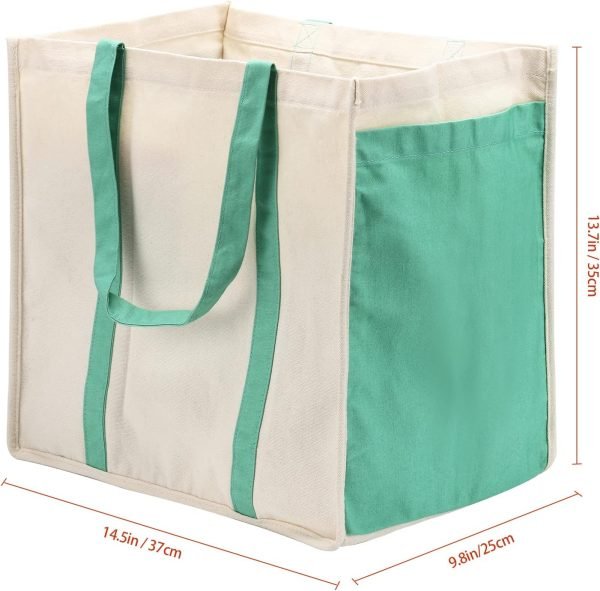 wholesale 15 x 10 x 14 inches reusable cotton canvas grocery tote bags with side pockets 1.32 pounds large utility bag for shopping, beach, picnic free samples