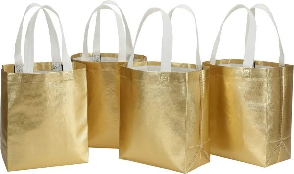 wholesale 10 x 8 inch glossy gold reusable grocery bags shopping tote bag with handle present bag gift bag for weddings, birthdays, party, event - gold free samples