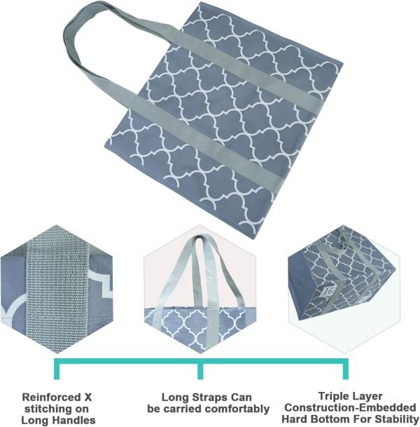 wholesale reusable grocery bags with hard bottom to stand upright foldable grocery bags shopping bags for groceries with front pocket bulk tote bags with handles for shopping cart geometric free samples