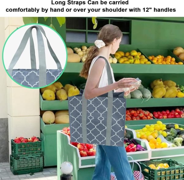 wholesale reusable grocery bags with hard bottom to stand upright foldable grocery bags shopping bags for groceries with front pocket bulk tote bags with handles for shopping cart geometric free samples