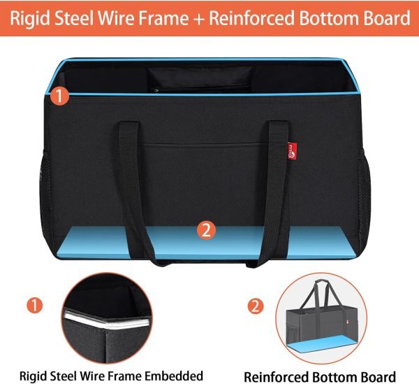 wholesale 22.5"l x 10.5"w x 12"h foldable reusable grocery bags, collapsible tote with metal wire frame & reinforced bottom board free samples