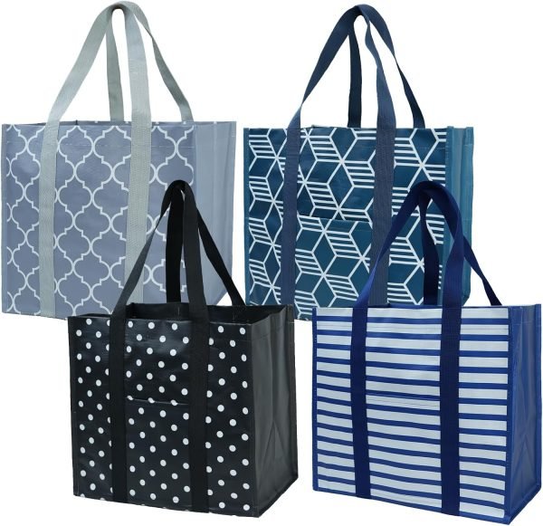 wholesale reusable grocery bags with hard bottom to stand upright foldable grocery bags shopping bags for groceries with front pocket bulk tote bags with handles for shopping cart geometric free samples
