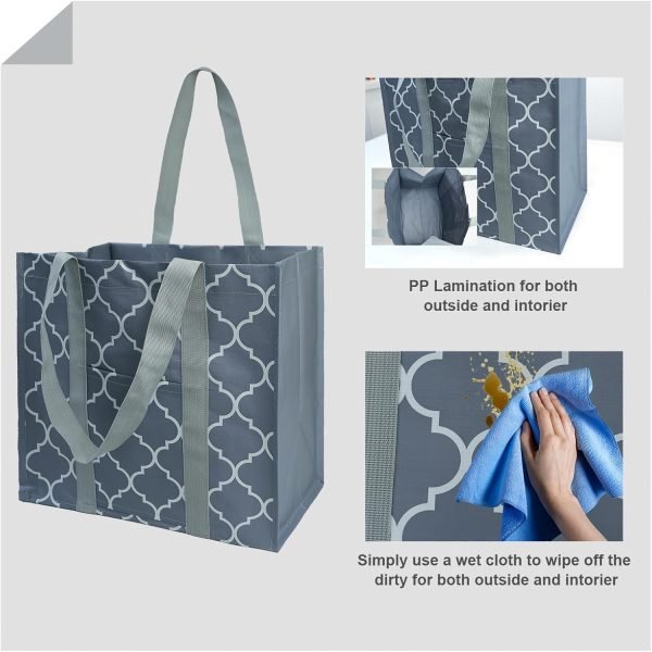 wholesale reusable grocery bags with hard bottom to stand upright foldable grocery bags shopping bags for groceries with front pocket bulk tote bags with handles for shopping cart geometric free samples