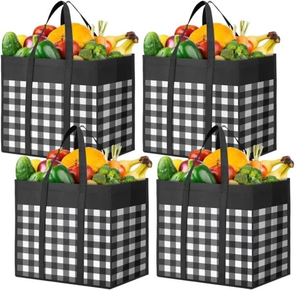 wholesale 16.1" x 10.2" x 13" black-white tote bags bulk with reinforced handles, large storage bags with water resistant coating for groceries,multipurpose free samples