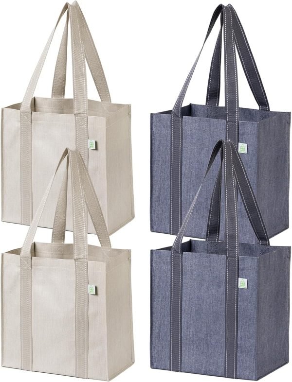 wholesale 12.6” h x 12.6” w x 7.5” d reusable grocery bags and shopping bags with handles and hard bottom with compact convenience size. foldable, durable, heavy duty utility tote- perfect for shopping cart free samples