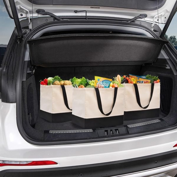 wholesale 8.3 gal foldable large canvas tote bag with handles, 14.6" x 10.2" x 13" holds 60 lbs canvas shopping bags & washable  off white black free samples
