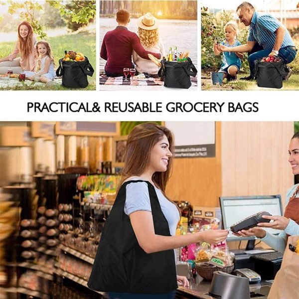 wholesale black washable foldable reusable shopping bags, eco-friendly purse bag fits in pocket holds free samples