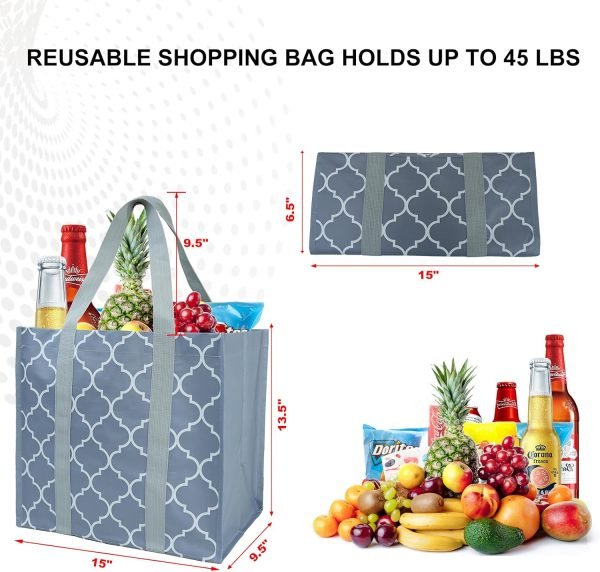 wholesale reusable grocery bags with hard bottom to stand upright foldable grocery bags shopping bags for groceries with front pocket bulk tote bags with handles for shopping cart geometric free samples