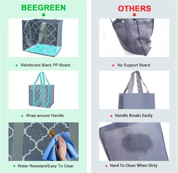 wholesale reusable grocery bags with hard bottom to stand upright foldable grocery bags shopping bags for groceries with front pocket bulk tote bags with handles for shopping cart geometric free samples