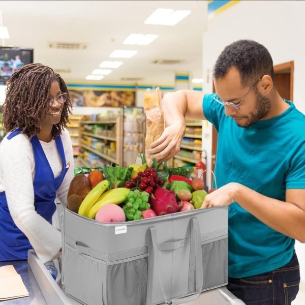 wholesale 22x11.5x13in sturdy structured tote bag with pockets & handles, foldable shopping bags for groceries, collapsible totes with lids free samples