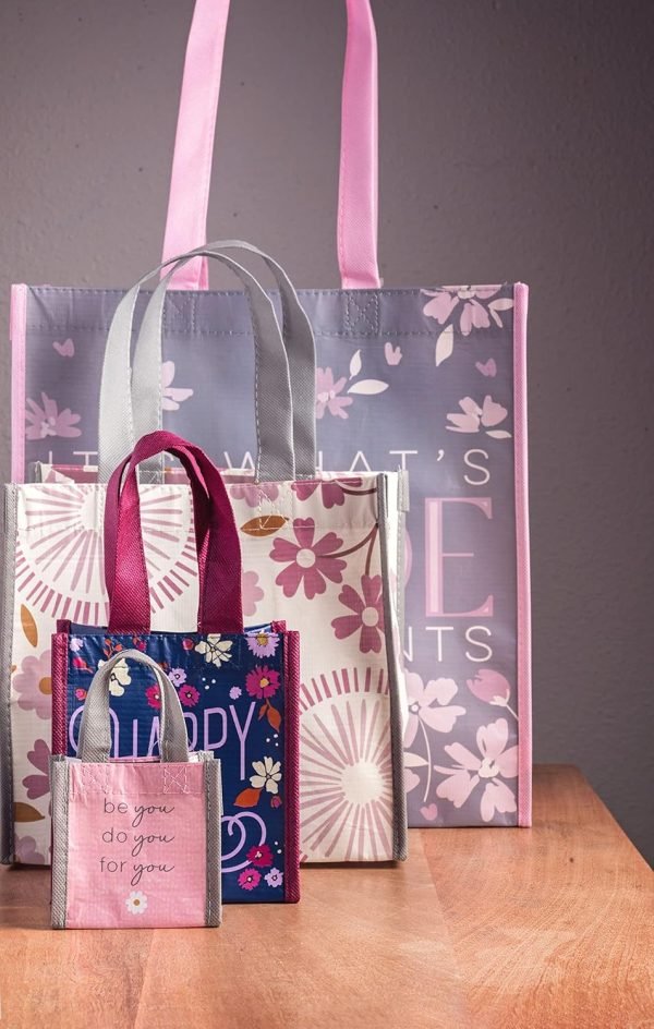 wholesale tote bag and gift bag with handles - perfect for birthday gifts and party bags rpet 1 navy floral small free samples