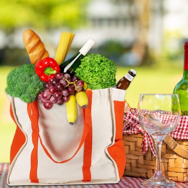 wholesale 15 x 10 x 14 inches reusable cotton canvas grocery tote bags with side pockets 1.32 pounds large utility bag for shopping, beach, picnic free samples