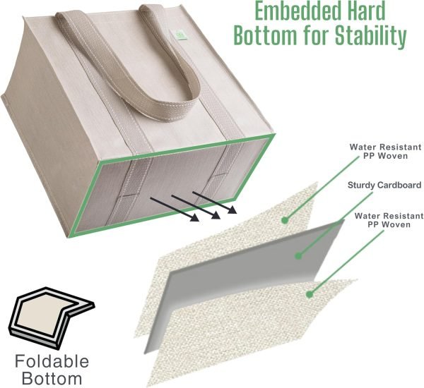wholesale 12.6” h x 12.6” w x 7.5” d reusable grocery bags and shopping bags with handles and hard bottom with compact convenience size. foldable, durable, heavy duty utility tote- perfect for shopping cart free samples