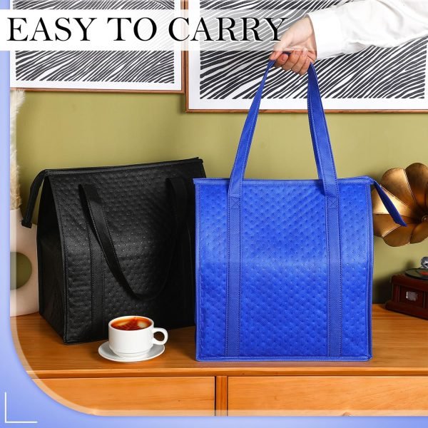 wholesale insulated bags large shopping insulated reusable grocery bags thermal cooler bag insulated tote bags with zippered top for hot cold food delivery refrigerator pizza (blue and black) free samples