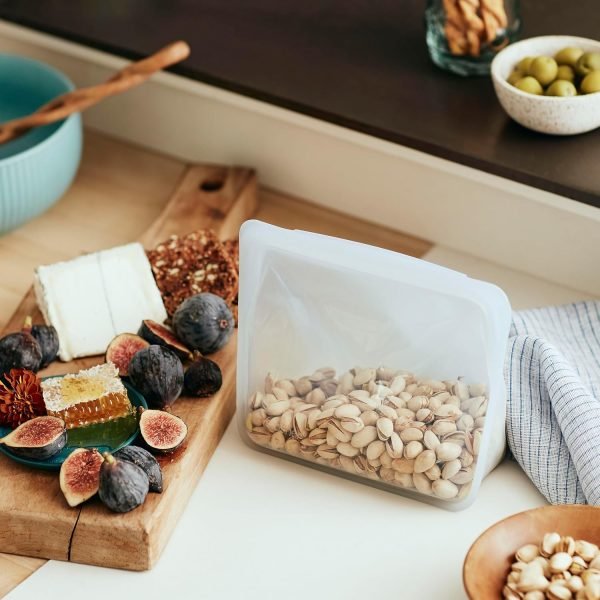 wholesale silicone food grade reusable storage bag, clear (stand-up mid) | reduce single-use plastic | cook, store, sous vide, or freeze | leakproof, dishwasher-safe, eco-friendly | 56 oz free samples