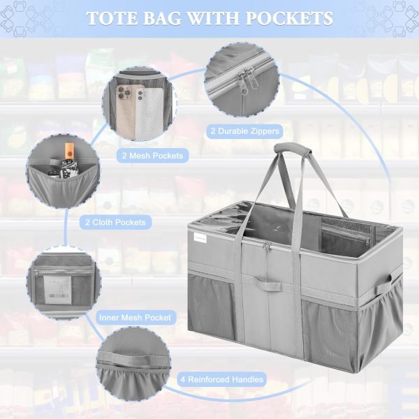 wholesale 22x11.5x13in sturdy structured tote bag with pockets & handles, foldable shopping bags for groceries, collapsible totes with lids free samples