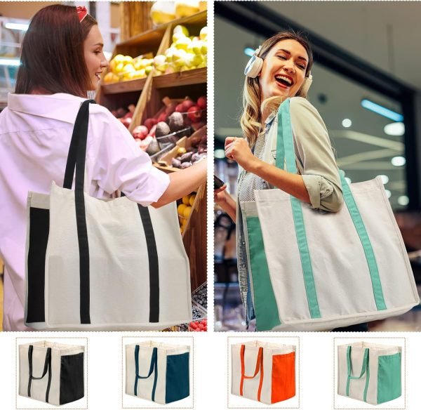 wholesale 15 x 10 x 14 inches reusable cotton canvas grocery tote bags with side pockets 1.32 pounds large utility bag for shopping, beach, picnic free samples