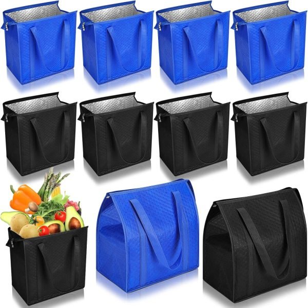 wholesale insulated bags large shopping insulated reusable grocery bags thermal cooler bag insulated tote bags with zippered top for hot cold food delivery refrigerator pizza (blue and black) free samples