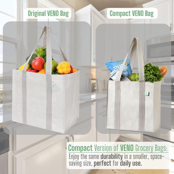 wholesale 12.6” h x 12.6” w x 7.5” d reusable grocery bags and shopping bags with handles and hard bottom with compact convenience size. foldable, durable, heavy duty utility tote- perfect for shopping cart free samples