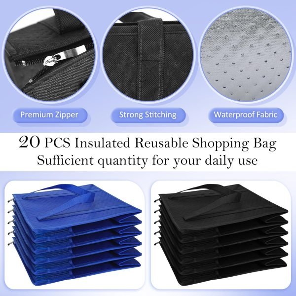 wholesale insulated bags large shopping insulated reusable grocery bags thermal cooler bag insulated tote bags with zippered top for hot cold food delivery refrigerator pizza (blue and black) free samples