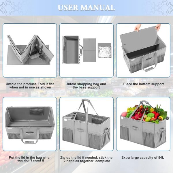wholesale 22x11.5x13in sturdy structured tote bag with pockets & handles, foldable shopping bags for groceries, collapsible totes with lids free samples