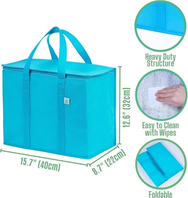 wholesale 15.7” w x 12.6” h x 8.7” d insulated grocery bags for food delivery, collapsible cooler, reusable shopping bags for groceries with zipper, foldable, heavy-duty, stands upright free samples