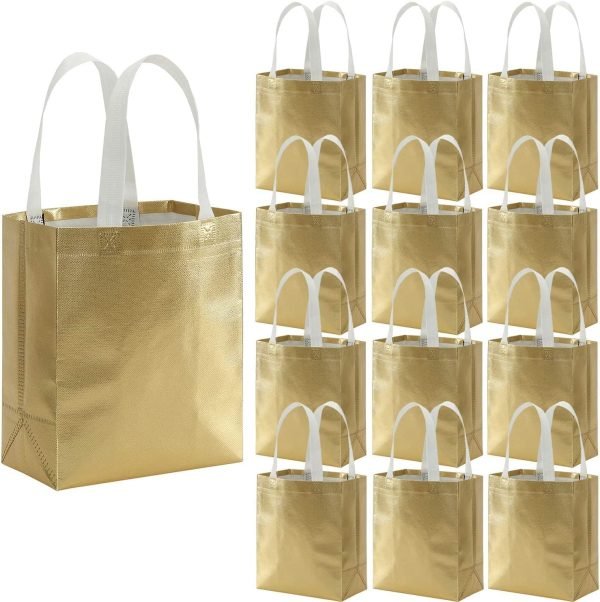wholesale 10 x 8 inch glossy gold reusable grocery bags shopping tote bag with handle present bag gift bag for weddings, birthdays, party, event - gold free samples