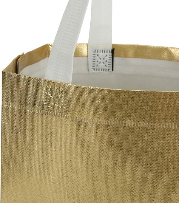 wholesale 10 x 8 inch glossy gold reusable grocery bags shopping tote bag with handle present bag gift bag for weddings, birthdays, party, event - gold free samples