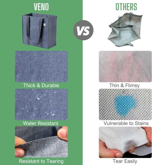 wholesale 12.6” h x 12.6” w x 7.5” d reusable grocery bags and shopping bags with handles and hard bottom with compact convenience size. foldable, durable, heavy duty utility tote- perfect for shopping cart free samples