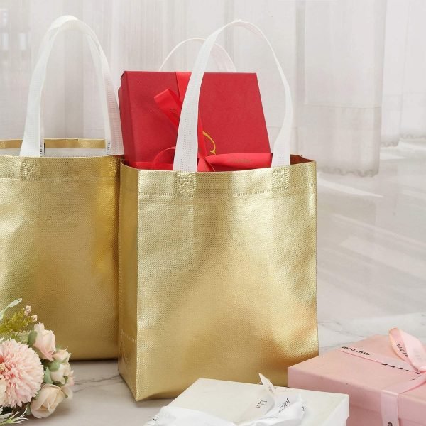 wholesale 10 x 8 inch glossy gold reusable grocery bags shopping tote bag with handle present bag gift bag for weddings, birthdays, party, event - gold free samples