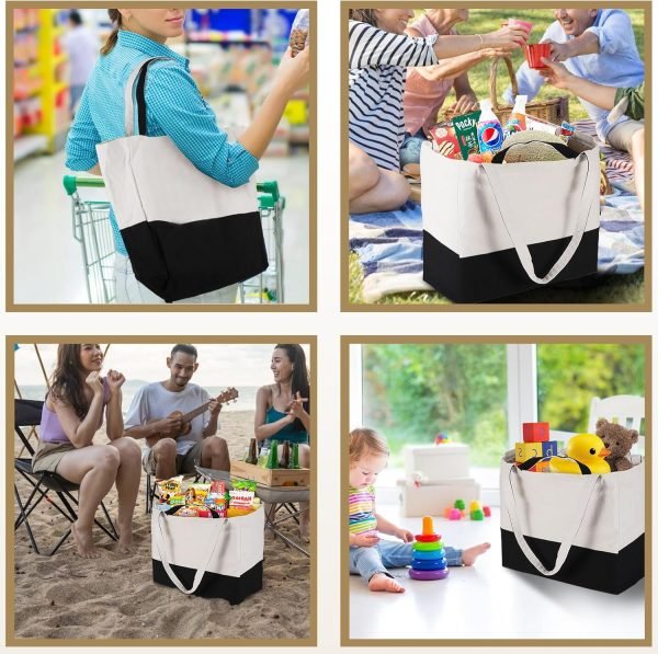 wholesale 15'' x 13'' x 7'' reusable black & while grocery bags shopping bags for groceries foldable heavy duty canvas tote bag washable canvas bag with handles free samples