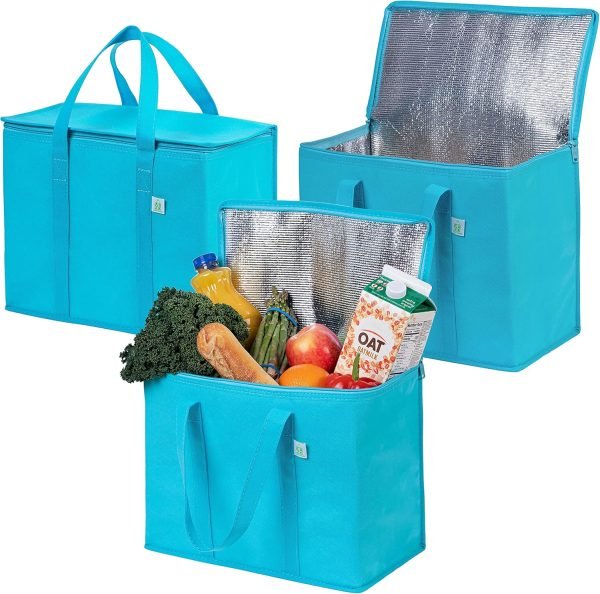 wholesale 15.7” w x 12.6” h x 8.7” d insulated grocery bags for food delivery, collapsible cooler, reusable shopping bags for groceries with zipper, foldable, heavy-duty, stands upright free samples
