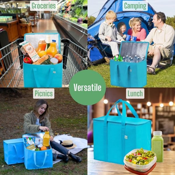 wholesale 15.7” w x 12.6” h x 8.7” d insulated grocery bags for food delivery, collapsible cooler, reusable shopping bags for groceries with zipper, foldable, heavy-duty, stands upright free samples
