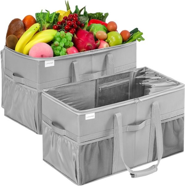 wholesale 22x11.5x13in sturdy structured tote bag with pockets & handles, foldable shopping bags for groceries, collapsible totes with lids free samples