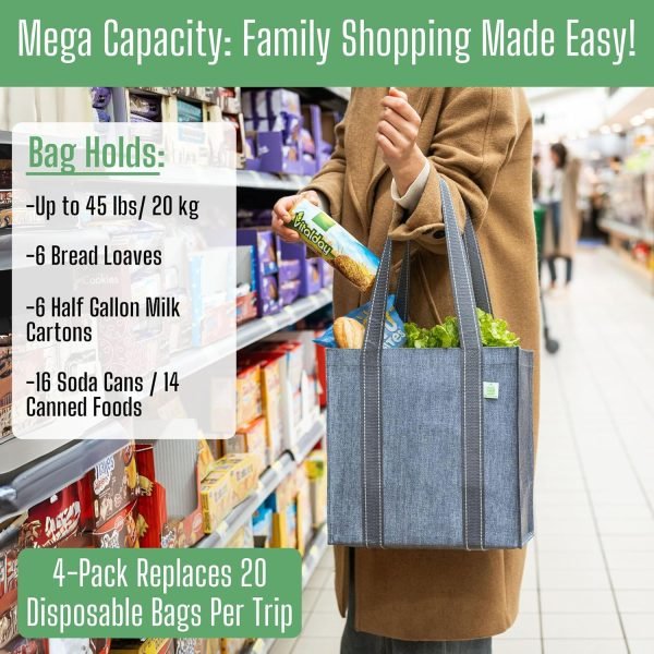 wholesale 12.6” h x 12.6” w x 7.5” d reusable grocery bags and shopping bags with handles and hard bottom with compact convenience size. foldable, durable, heavy duty utility tote- perfect for shopping cart free samples