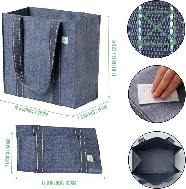 wholesale 12.6” h x 12.6” w x 7.5” d reusable grocery bags and shopping bags with handles and hard bottom with compact convenience size. foldable, durable, heavy duty utility tote- perfect for shopping cart free samples
