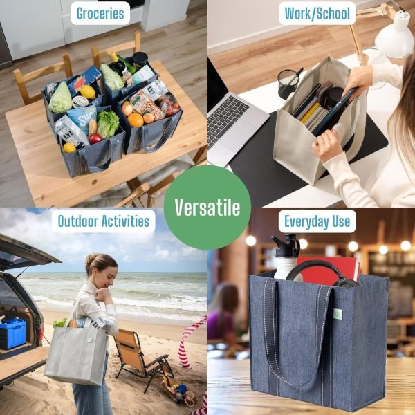 wholesale 12.6” h x 12.6” w x 7.5” d reusable grocery bags and shopping bags with handles and hard bottom with compact convenience size. foldable, durable, heavy duty utility tote- perfect for shopping cart free samples