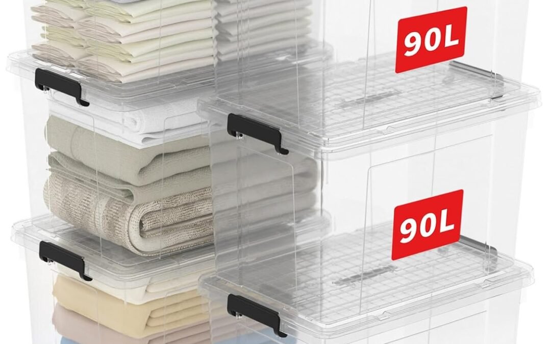 OEM Storage Bins on Handle, Storage Box, Plastic Tote, Organizing Container with Durable Lid and Click Lock, Stackable, Nestable, Polypropylene(PP), BPA Free, 90L-6 Pack, Clear Factory