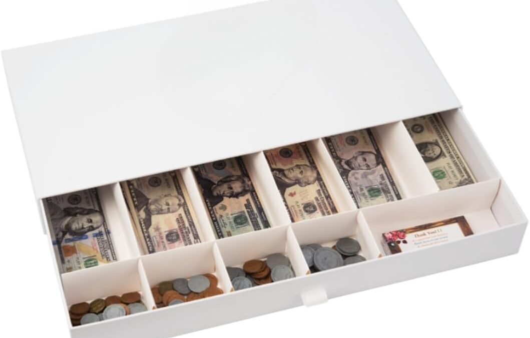 OEM Cardboard Cash Register Drawer with Coins Bills Business Card Compartments Money Play Toy Gift for Kids Fit Real Money Too Only Box White Factory