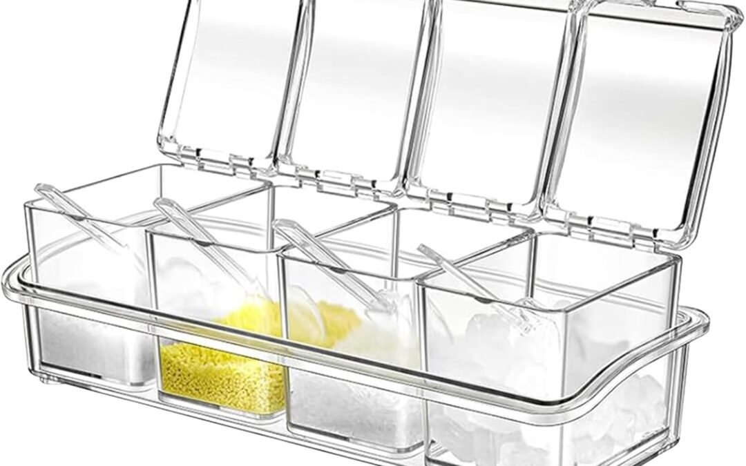 OEM 1 Set 4-Cell Clear Spice Seasoning Box for Kitchen, Transparent Condiment Containers with Lid & Spoon, 4 Pieces Plastic Empty Seasoning Rack Spice Pots Jars for Salt Sugar Cruet Storage Factory